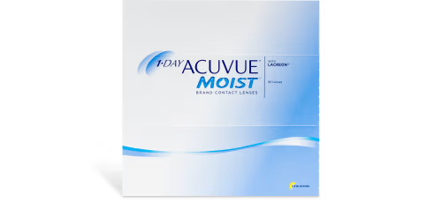 Close-up of a box of 1-Day Acuvue Moist with LACREON Technology. The packaging features a white and light blue design, prominently displaying the product name in bold blue text and the Johnson & Johnson logo in the bottom right corner.