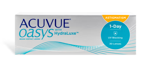 Box of ACUVUE® OASYS® 1-Day for ASTIGMATISM contact lenses from Johnson & Johnson. The packaging is mostly silver and white with blue accents and text. The box indicates UV protection and contains 30 lenses.
