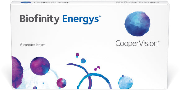 A white box adorned with blue circles and text, featuring Coopervision Biofinity Energys 6pk contact lenses with Digital Zone Optics.