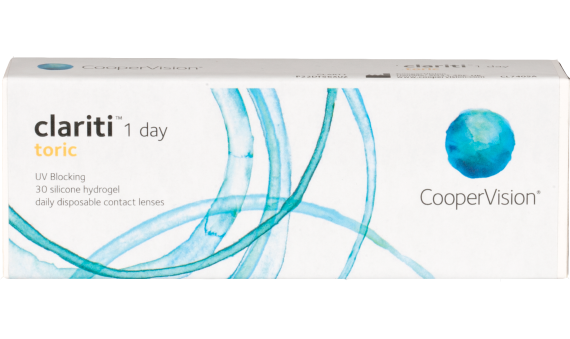 A white box with blue lines on it, labeled Clariti 1 Day Toric, perfect for daily disposables designed to correct astigmatism by Coopervision.