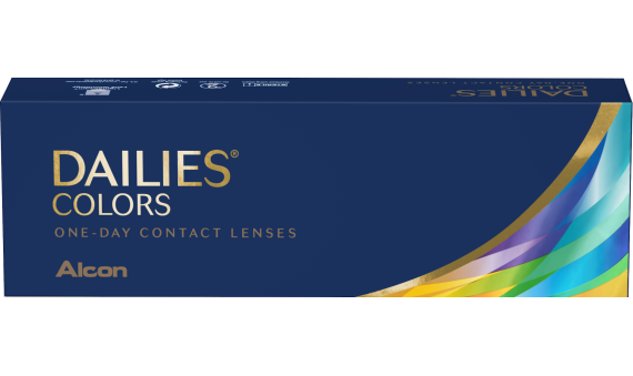 A blue box featuring the label "Dailies Colors" in gold and white text, with the brand name "Alcon" in silver text. The box boasts a colorful wave design on the lower right corner, representing its vibrant color contact lenses for daily disposable use.