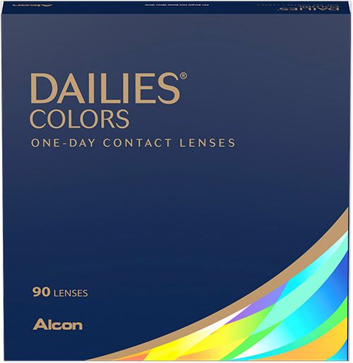 A navy blue box of Alcon Dailies Colors daily disposable contact lenses. The text on the box reads "DAILIES COLORS" and "ONE-DAY CONTACT LENSES" in gold letters. The bottom right features a colorful wave pattern. "90 lenses" and "Alcon" are also written on the front, emphasizing vibrant color options for daily use.