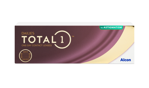 A purple and yellow box with white text featuring DAILIES Total 1 for Astigmatism by Alcon and innovative SmarTears technology.