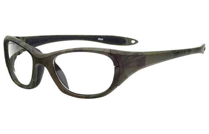 A pair of RecSpecs Maxx 30 wrap-around safety glasses with a green camo-patterned frame and clear lenses. The glasses have wide temples that taper at the ends.