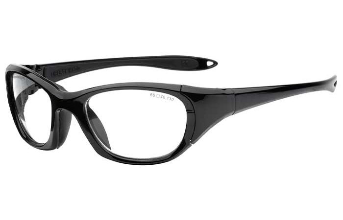 RecSpecs Maxx 30 wrap-around safety glasses with clear lenses, featuring a sleek design with a slightly curved frame and thick arms. The inner side of the arm shows model or size details etched in white text.