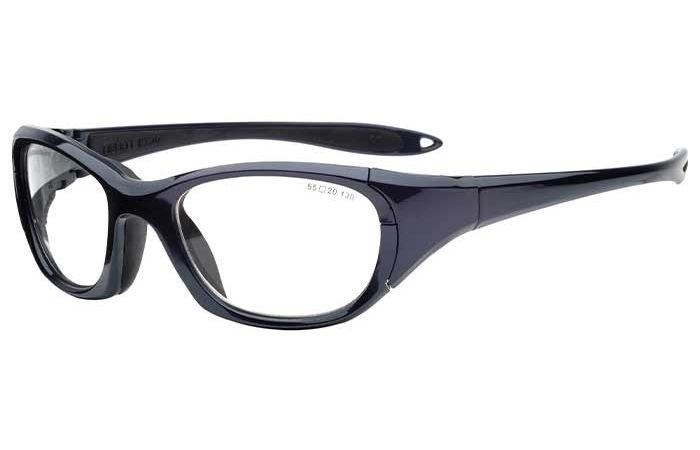 A pair of sleek, black RecSpecs Maxx 30 safety glasses with wraparound frame design. The lenses are clear and rectangular with embedded side shields for extra eye protection. The temples are slightly curved for a secure fit.