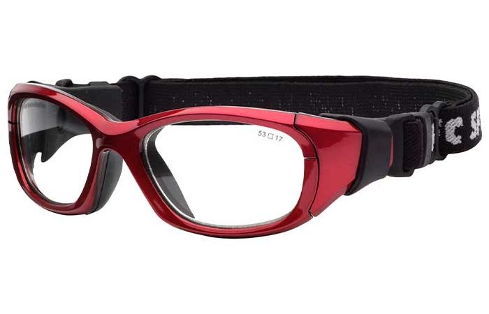 A pair of RecSpecs Maxx 31 by RecSpecs. The goggles feature an adjustable black elastic strap with white text, designed for a secure fit during physical activities. The frame is sleek and aerodynamic, providing both protection and comfort.