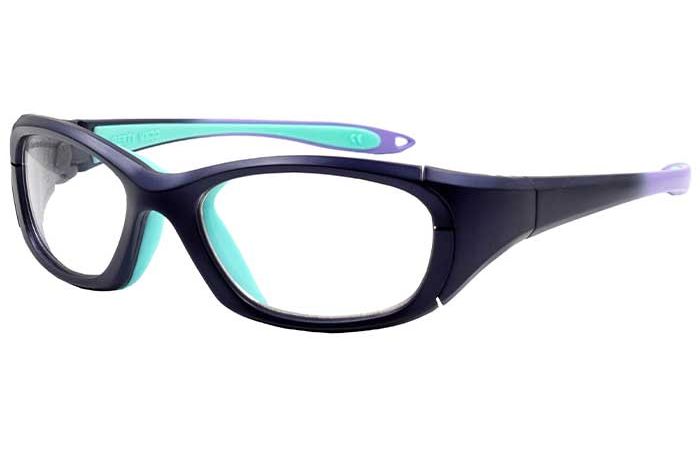 A pair of black, oval-shaped RecSpecs Maxx 30 sports prescription glasses with clear lenses. The inner frame and temple tips are light blue. The RecSpecs glasses are designed to provide both vision support and protection during physical activities.