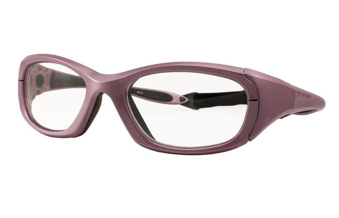 A pair of purple RecSpecs Maxx 30 eyeglasses with a sturdy, streamlined design. The lenses are clear, and the frame features slight curvature for a modern look. The temples are reinforced near the hinges and taper towards the earpieces.