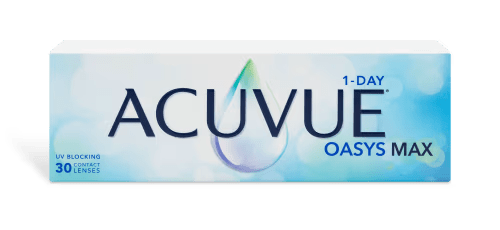 A box of ACUVUE® OASYS® Max 1-Day contact lenses by Johnson & Johnson featuring moisture-locking technology and blue-light filtering. The packaging is white with a blue gradient, highlighted by a large water droplet graphic. The box indicates 30 UV blocking contact lenses are included.