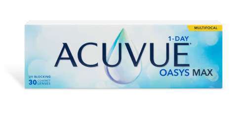 Box of Johnson & Johnson ACUVUE® OASYS® Max 1-Day Multifocal daily lenses with 30 lenses per box, featuring a water drop design in the center and a light blue gradient background. The text is predominantly dark blue, and the top right corner has an orange "Multifocal" label.
