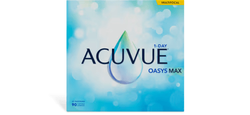 Image of a Johnson & Johnson ACUVUE® OASYS® Max 1-Day Multifocal contact lenses box. The package design features a background with blue and white hues resembling light bokeh. "ACUVUE" is prominently displayed in the center, with "OASYS MAX" below it and "1-DAY" above. The top right corner has a yellow label stating "MULTIFOCAL contacts." The bottom
