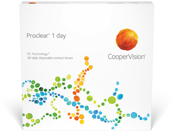A box with a logo, featuring Alcon Proclear® 1 day 90-pack contacts' defense against dryness technology.