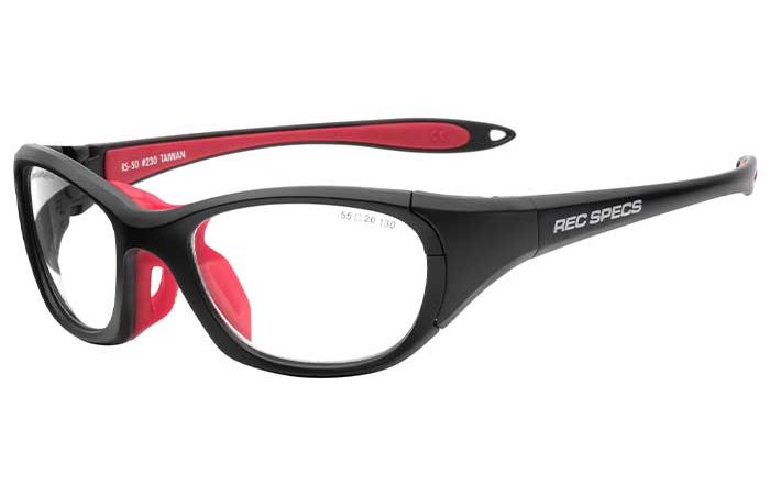 RecSpecs RS-50 sports glasses with a wraparound design, clear lenses, and a brand name "RecSpecs" printed on the side. The frame features a rubberized nose pad and ear pieces for stability and comfort during physical activities.