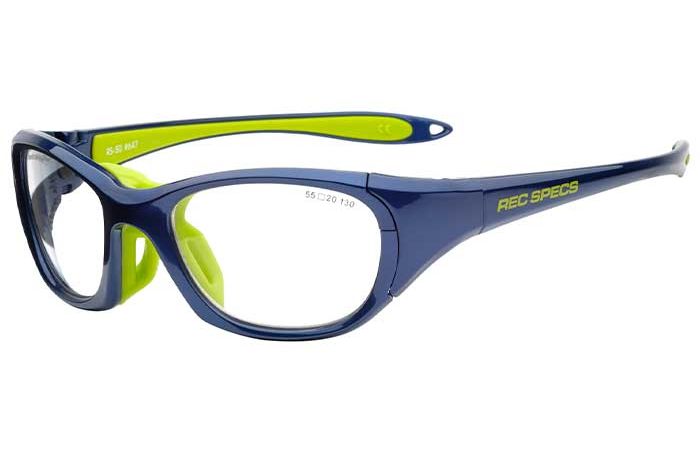 A pair of dark blue and neon green RecSpecs RS-50 sports glasses. The frame is robust with wrap-around temples for secure fit. The brand "RecSpecs" is written on the side in yellow lettering. The insides of the temples and nose pads are neon green.