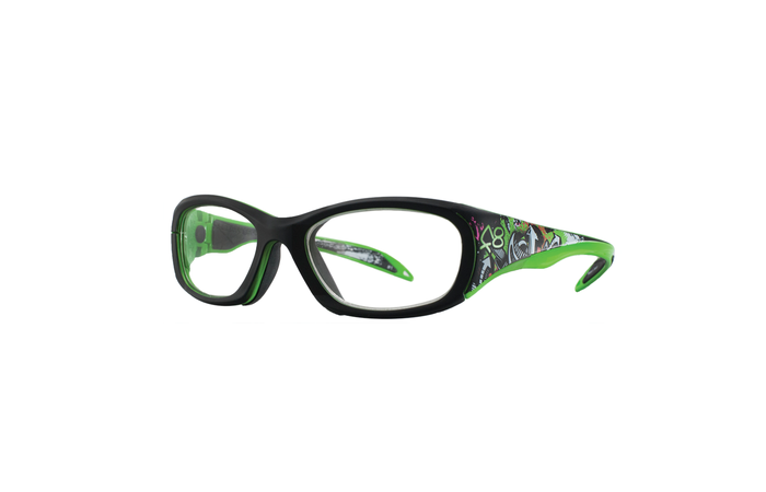 A pair of black-framed RecSpecs Street Series glasses with wide, vibrant green temples featuring playful, colorful designs. The inner sides of the temples are also green. The RecSpecs have a sporty and modern look.