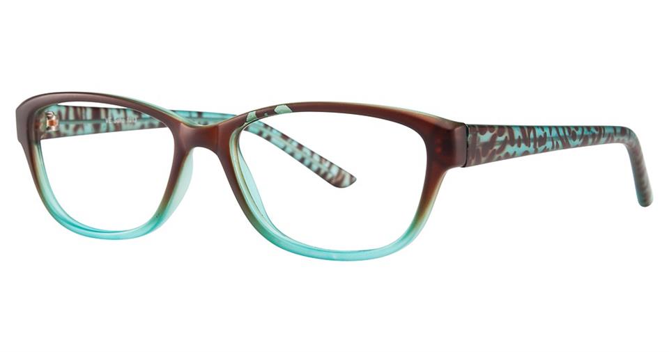 A pair of Vivid Soho 1013 eyeglasses with a stylish design and semi-transparent frames. The top half is brown, transitioning to teal at the bottom, with a chic tortoiseshell pattern on the temples. Crafted from high-quality plastic, the frames have a slight cat-eye shape.