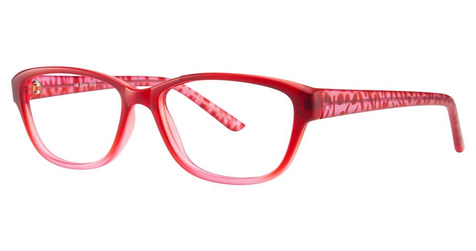 A pair of red Vivid Soho 1013 eyeglasses with a subtle pattern on the arms and rectangular lenses. The frame, crafted from high-quality plastic, has a smooth matte finish and a slightly cat-eye shape, providing a modern and stylish design.