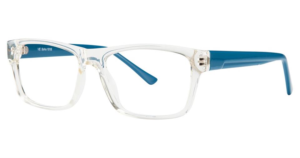 A pair of Vivid Soho 1018 eyeglasses with clear, high-quality plastic frames and blue temples. The design exudes modern elegance with its minimalist touch. The lenses are clear, and the solid blue temples add a vibrant pop of color to the otherwise transparent frames.