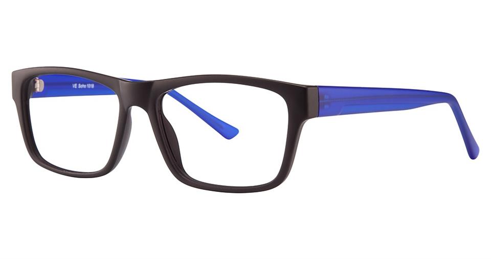 A pair of Soho 1018 eyeglasses from Vivid with rectangular, high-quality plastic frames in black and blue temples. These glasses boast a modern design with a smooth finish and an integrated nose bridge. The inside of the temples is also blue, adding to the overall sleek and stylish look.