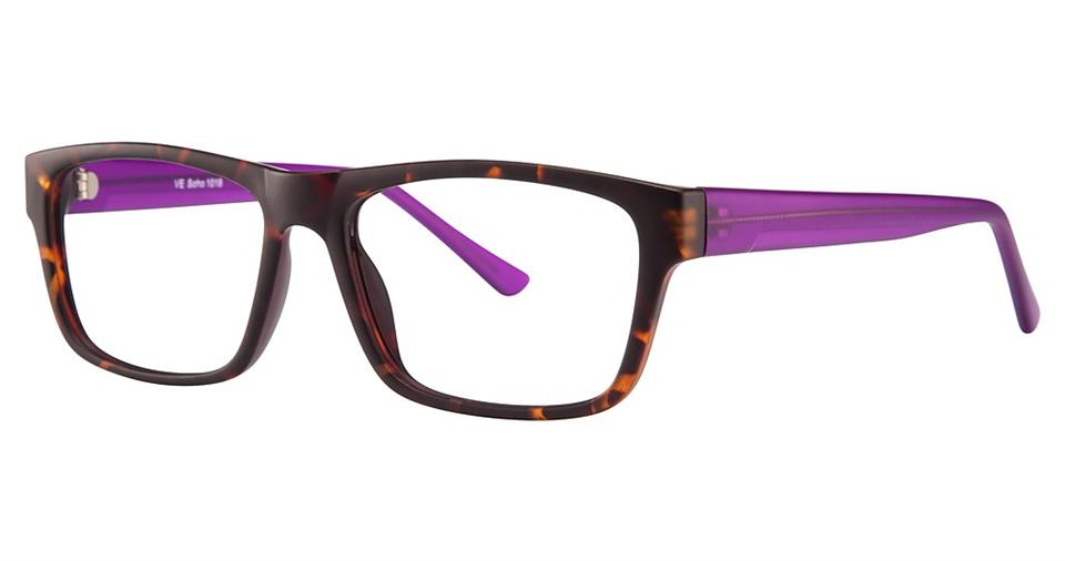 The Vivid Soho 1018 eyeglasses feature a pair of prescription glasses with a rectangular frame. The high-quality plastic frames have a tortoiseshell pattern on the front and purple temples, embodying modern elegance with their stylish, contemporary design that seamlessly blends classic and modern elements.