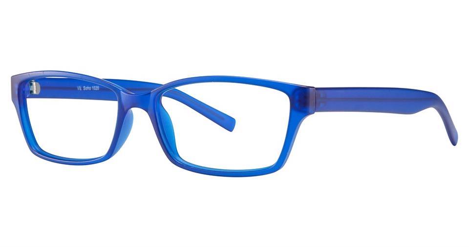 A pair of rectangular blue eyeglasses with a simple, sleek design. The frames are solid blue, with a slight transparency on the arms made of high-quality plastic. The lenses are clear, and the overall style is contemporary and minimalist. These embody the modern charm of Vivid Soho 1020 eyeglasses.