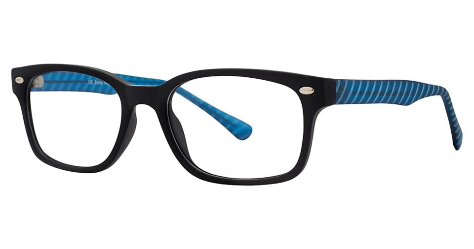 A pair of rectangular, black-rimmed eyeglasses with turquoise and white striped inner arms. Crafted from lightweight plastic frames, the Vivid Soho 1032 Eyeglasses also feature metal accents on the front corners for a touch of contemporary color combinations.