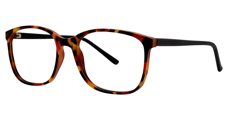 A pair of eyeglasses with a tortoiseshell pattern on lightweight plastic frames. The Vivid Soho 1033 Eyeglasses feature rectangular lenses and solid black temples, offering both style and practicality.