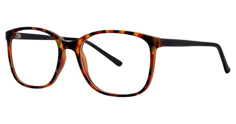 A pair of stylish Vivid Soho 1033 Eyeglasses with rectangular frames. The front of the glasses displays a tortoiseshell pattern with hues of brown, yellow, and black. The temples are solid black, creating a sleek contrast with the colorful frame, all crafted from lightweight plastic for optimal comfort.
