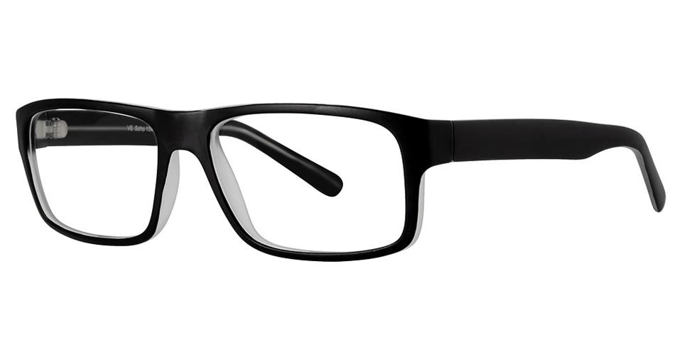 A pair of rectangular black Vivid Soho 1040 Eyeglasses with clear lenses. The design is simple and modern, with sleek, straight temples and a matte finish. The inside of the temples appears to have a faint brand marking, reflecting a stylish and contemporary design.