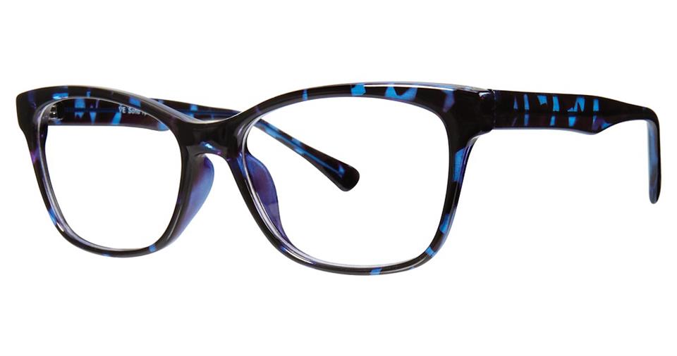 A pair of rectangular Vivid Soho 1041 Eyeglasses with a black frame featuring vibrant colors of blue and purple streaks. The demi style design includes thick rims and straight temples extending to the sides, giving the glasses a modern and vibrant appearance.