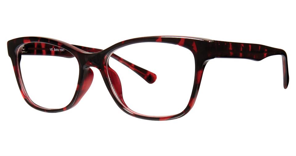 A pair of Vivid Soho 1041 Eyeglasses with a rectangular frame featuring a red and black tortoiseshell pattern. The demi style design is stylish with a modestly thick frame, providing a bold appearance.