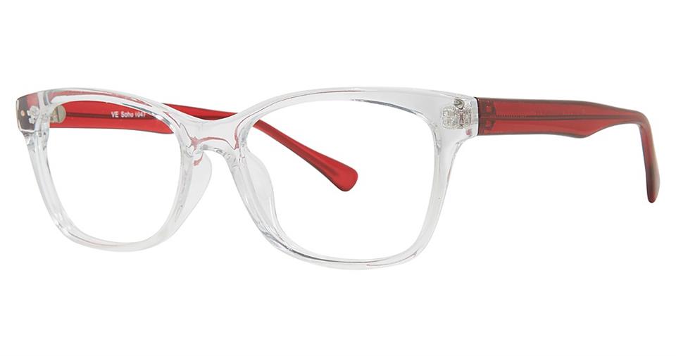 The Vivid Soho 1047 eyeglasses feature a transparent front frame with red side temples. The lenses are clear, and the contemporary design is modern and stylish, offering durable lightweight comfort for everyday use.