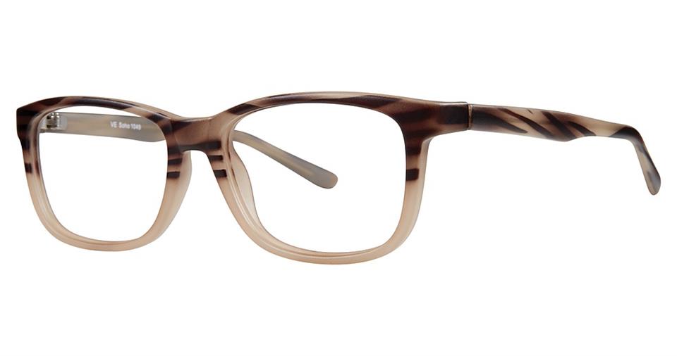 The Vivid Soho 1049 eyeglasses feature a rectangular shape with a gradient brown and beige tortoiseshell pattern on the frame, made from durable plastic. Clear lenses and thin temples complete the look, offering a modern, contemporary style that's suitable for both casual and formal wear.