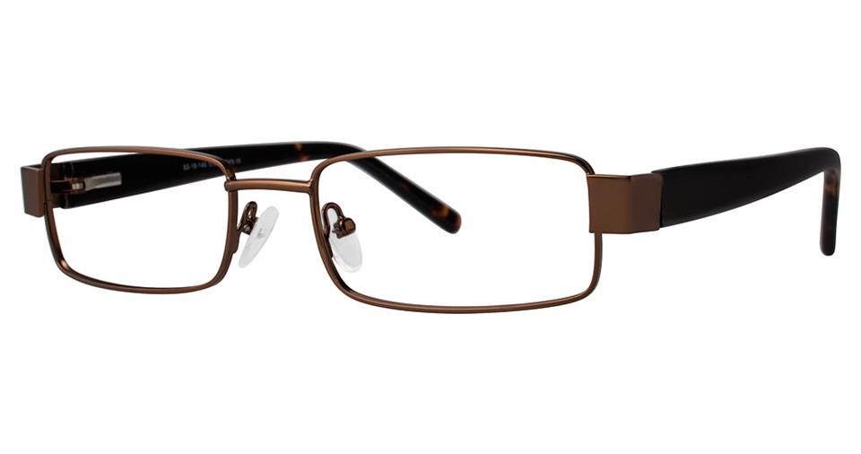 A pair of Vivid Expressions 1095 rectangular eyeglasses with a sleek, brown, high-quality metal frame, adjustable nose pads, and black temple arms with a spring hinge design.