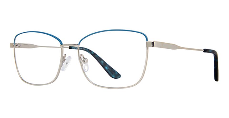 A pair of Vivid Expressions 1134 eyeglasses with thin, metallic rectangular frames. The top rim is accented with a blue color, while the temples have blue-black patterned tips. The nose pads are clear and adjustable, offering sleek and modern stylish eyeglass frames for any look.