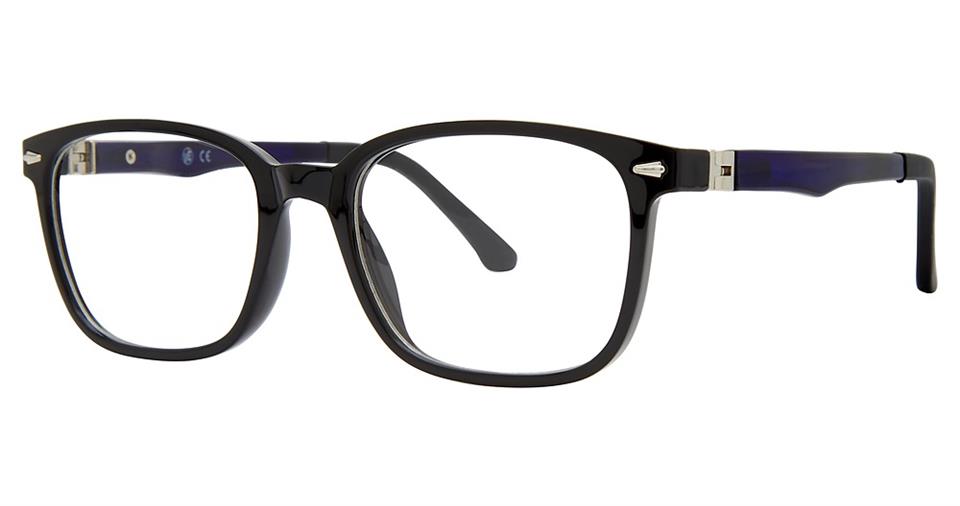 A pair of black plastic eyeglasses with rectangular lenses and a glossy finish. The temples are accented with silver and gradient to blue tips, reflecting modern eyewear trends. Made from durable plastic, these Vivid Metro 50 glasses are suitable for both vision correction and fashion.