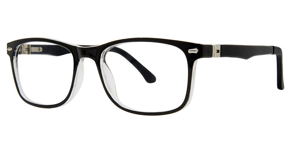 A pair of black rectangular eyeglasses with clear lenses and silver accents near the hinges. The glossy frames made of durable plastic showcase a modern, classic design. The temples are solid black and feature a slight curve at the ends for a comfortable fit, making them an epitome of sleek eyewear from Vivid's Metro 51 collection.