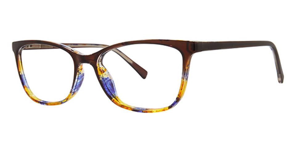 A pair of Vivid Metro 40 glasses with rectangular eyeglass frames made from durable plastic in dark brown, complemented by colorful accents on the lower rims featuring a mix of yellow, blue, and orange hues. The temples are solid dark brown with spring hinges seamlessly integrated into the design.