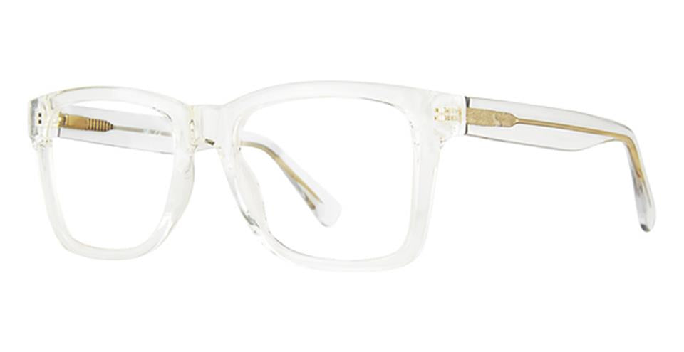 Clear, rectangular eyeglasses from Vivid featuring gold accents on the temples. Constructed from durable plastic, Metro 57 boasts a sleek and modern elegance. The straight arms come with a subtle metallic hinge for added durability.