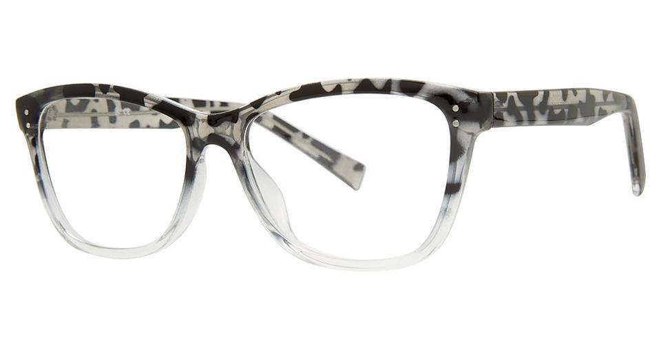 A pair of Vivid Soho 1055 eyeglasses with a thick, black and white marbled frame. The glasses have clear lenses, metallic accents on the hinges, and durable lightweight frames. The design is modern and bold, providing a stylish look.