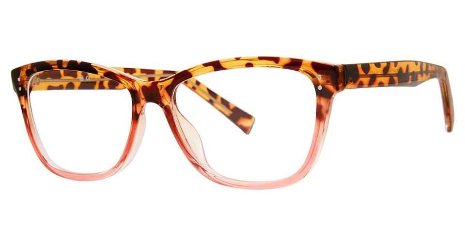 An image of Vivid's Soho 1055 eyeglasses featuring a tortoise pattern on the top half, blending into a transparent pink hue on the bottom half. The thick square frames have a slight cat-eye shape and silver accent dots near the hinges, making them durable lightweight frames with style.