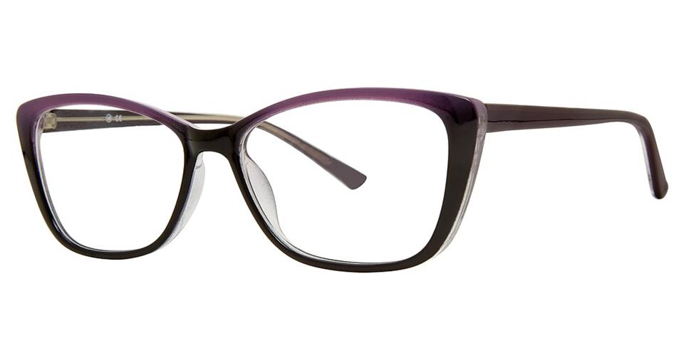 A pair of stylish Vivid Soho 1056 eyeglasses with a cat-eye shape. The frame showcases a modern design, transitioning from bold black to a gradient purple on the upper lenses. The arms remain sleek in black, creating a contemporary and fashionable look.