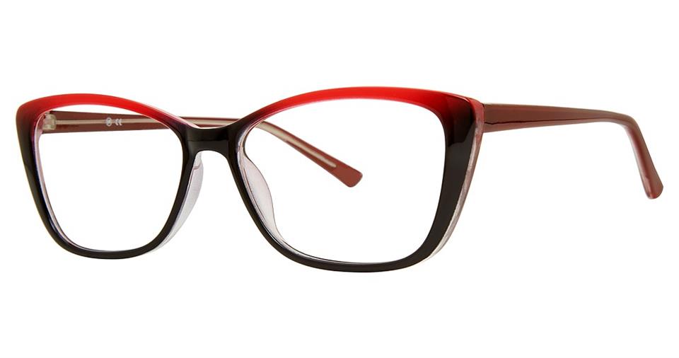 A pair of Vivid Soho 1056 eyeglasses with a modern design, featuring thick rectangular frames. The upper part is red, transitioning to bold black towards the bottom. The temples are red, matching the upper part of the frame.