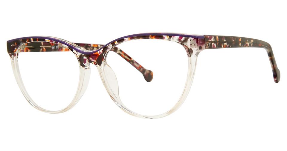 A pair of stylish Vivid Soho 1057 eyeglasses with a transparent front frame and speckled temples in shades of purple, amber, and brown. The rounded lenses and unique color pattern, combined with vibrant crystal accents, give the glasses a contemporary and fashionable look.