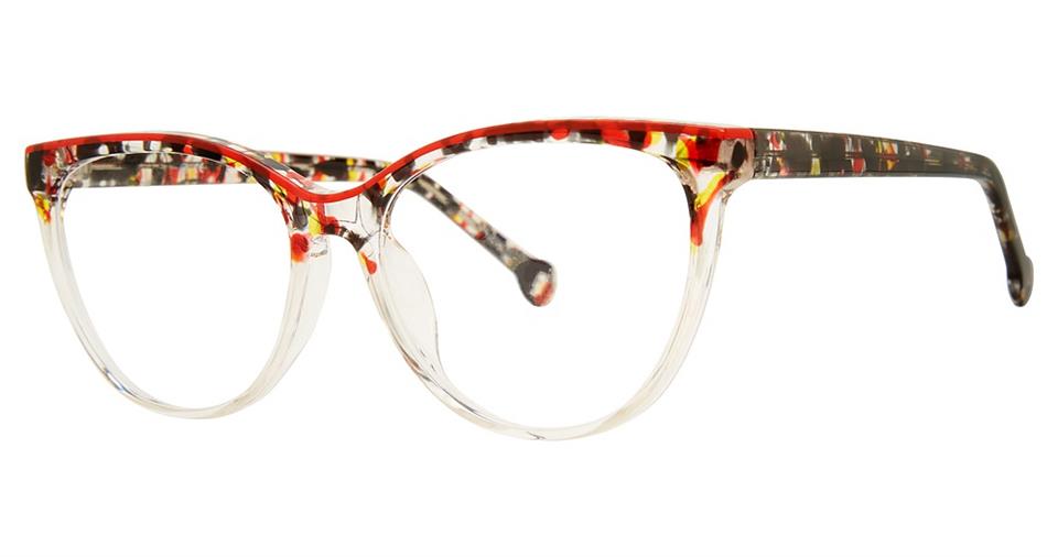 A pair of stylish eyeglasses featuring a classic cat-eye frame design, the Vivid Soho 1057 eyeglasses boast a vibrant color pattern with a mix of red, black, and yellow hues, transitioning to translucent rims. The temples feature similar bold patterns, creating a fashionable and timeless look.