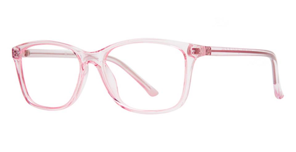 A pair of Vivid Soho 1079 eyeglasses with rectangular frames made of translucent pink plastic. The lenses are clear, and the temples are thin, matching the frame color and material. The design exudes subtle elegance and modern simplicity while offering lightweight comfort.