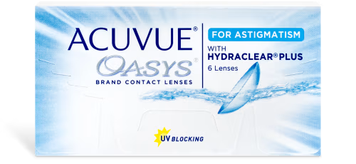 The image shows a box of Johnson & Johnson ACUVUE® OASYS® for Astigmatism 6pk contact lenses, designed with Accelerated Stabilization Design. The box specifies that it contains six lenses with HYDRACLEAR Plus technology and offers UV blocking. The packaging has a blue and white design.