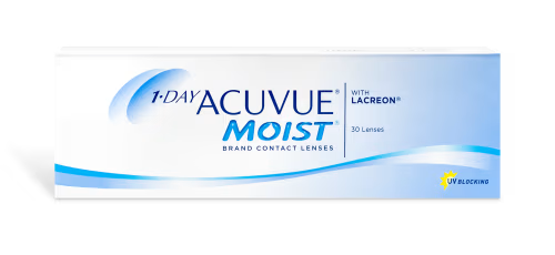 A white box with blue accents labeled "1-Day Acuvue Moist" by Johnson & Johnson featuring LACREON Technology contact lenses. It contains 30 lenses and offers UV blocking. The logo and product information are prominently displayed on the front.