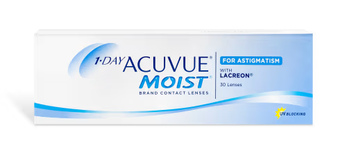 A white rectangular box of 1-DAY ACUVUE® MOIST® for Astigmatism by Johnson & Johnson with LACREON, displaying blue accents and a yellow UV blocking symbol. The box contains 30 BLINK STABILIZED lenses designed for comfortable wear throughout the day.